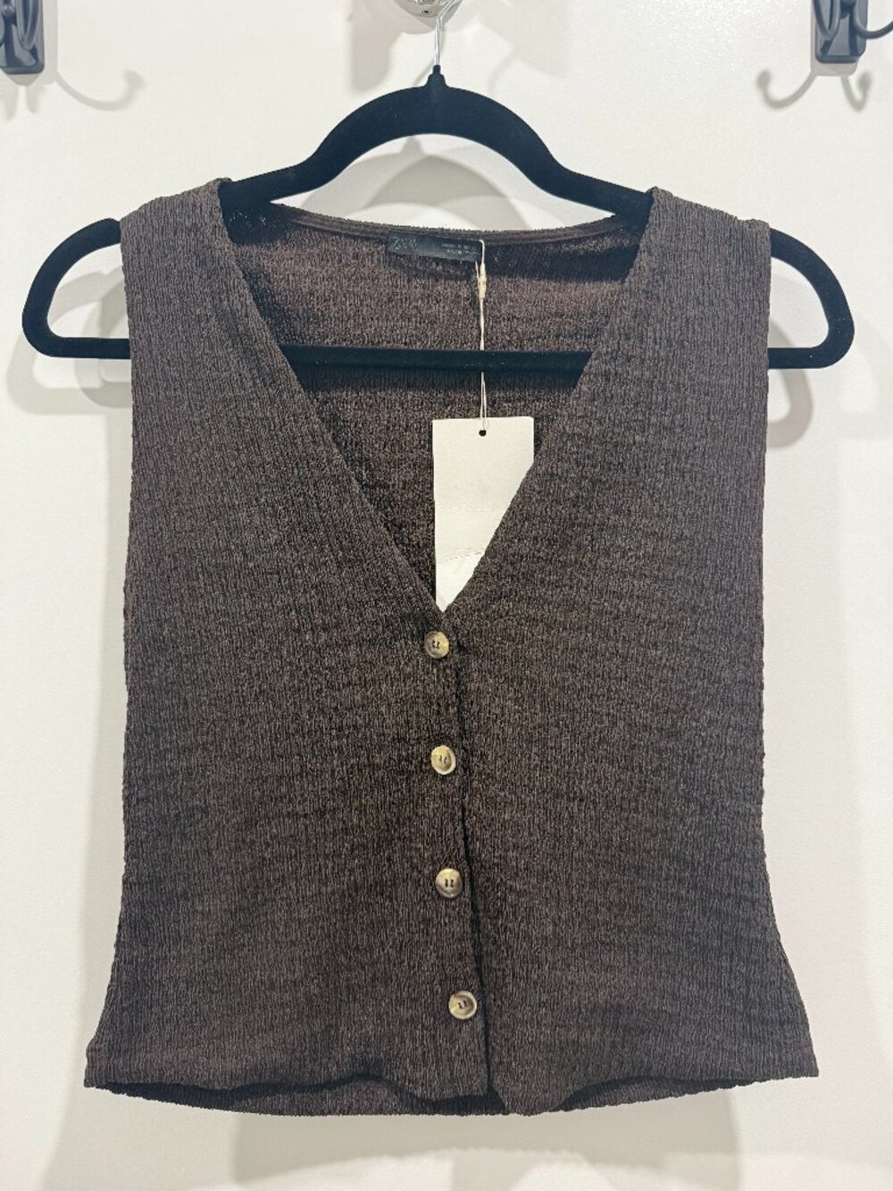 Textured Buttoned Vest Top, Size: M, Color: Dark Brown
